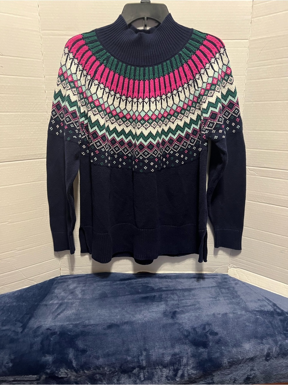 crown & ivy Navy Cowl Neck Sweater with Pink, Green & Cream Fair Isle